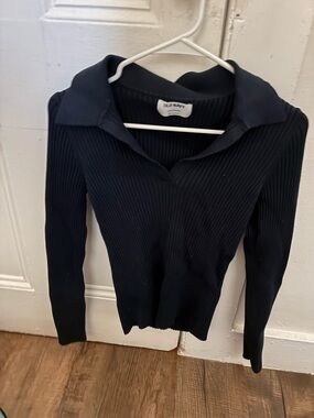 Old Navy Women's Navy Ribbed V‑Neck Collared Sweater